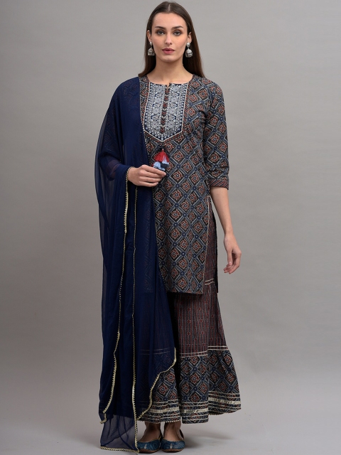 

KALINI Women Navy Blue Floral Yoke Design Panelled Pure Cotton Kurta with Sharara & With Dupatta