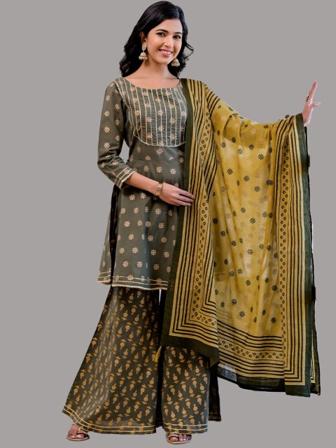 

KALINI Women Olive Green Paisley Embroidered Pleated Pure Cotton Kurti with Salwar & With Dupatta
