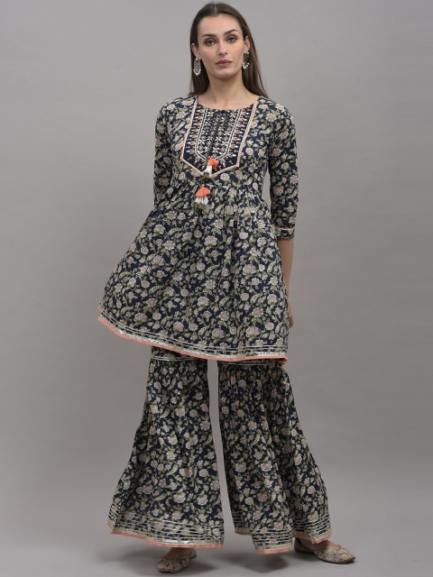 

KALINI Women Teal Floral Yoke Design Panelled Pure Cotton Kurta with Sharara With Dupatta