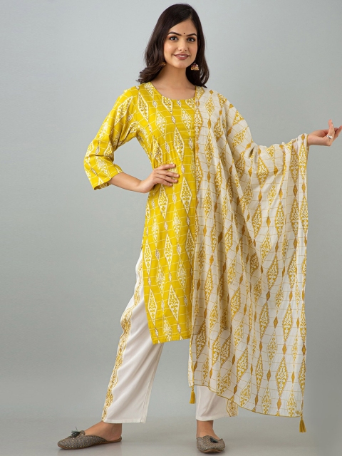 

KALINI Yellow & White Ethnic Motifs Printed Kurta with Trousers & Dupatta
