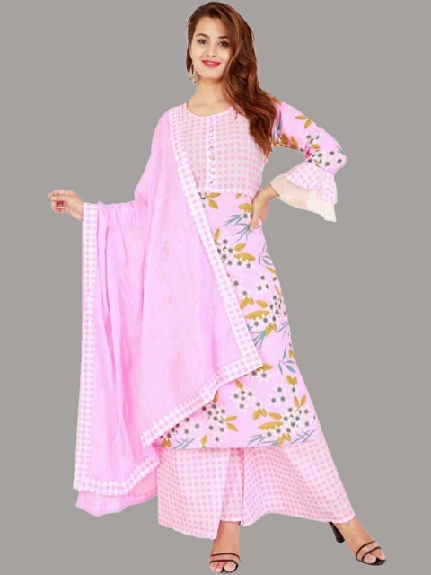

KALINI Women Pink Floral Embroidered Panelled Pure Cotton Kurti with Trousers & With Dupatta
