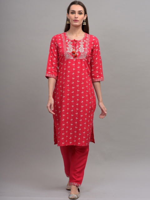 

KALINI Women Red Ethnic Motifs Printed Thread Work Kurta with Trousers