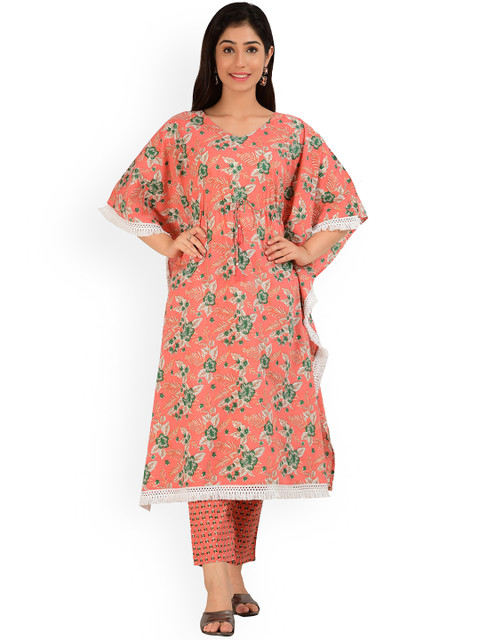 

KALINI Women Coral Floral Printed Gotta Patti Pure Cotton Kurti with Churidar & With Dupatta