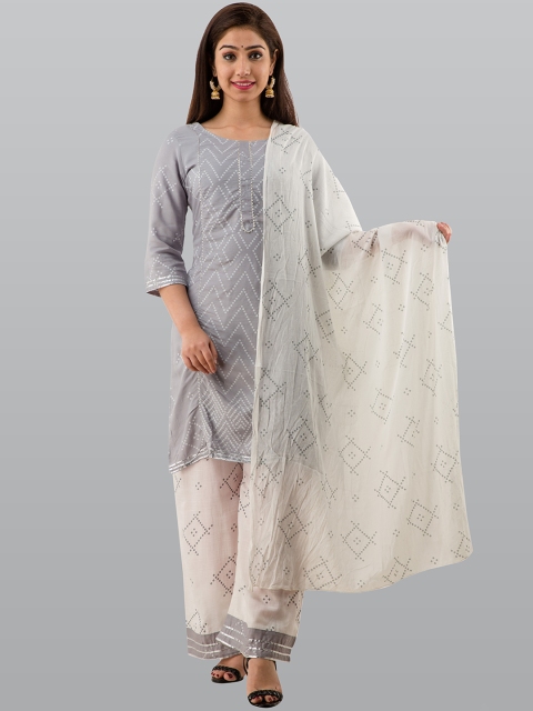 

KALINI Women Grey Printed Gotta Patti Pure Cotton Kurta with Palazzos & With Dupatta