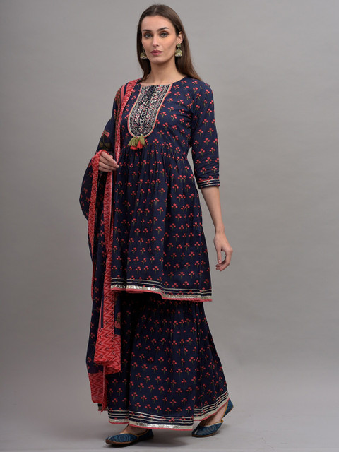 

KALINI Women Blue Ethnic Motifs Printed Empire Pure Cotton Kurta with Skirt & Dupatta