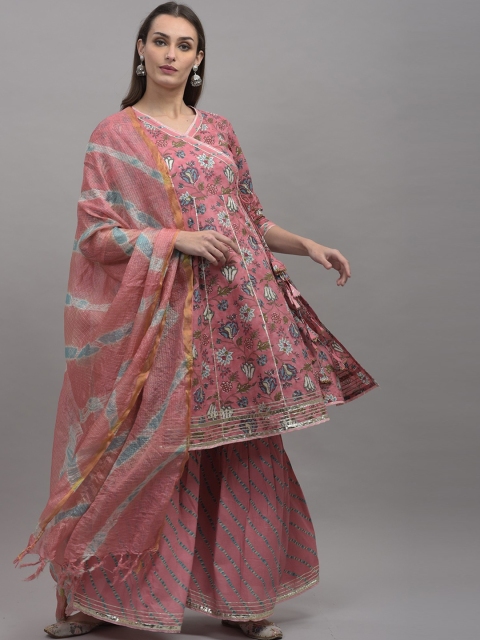 

KALINI Women Pink Paisley Printed Angrakha Gotta Patti Pure Cotton Kurta with Sharara & With Dupatta