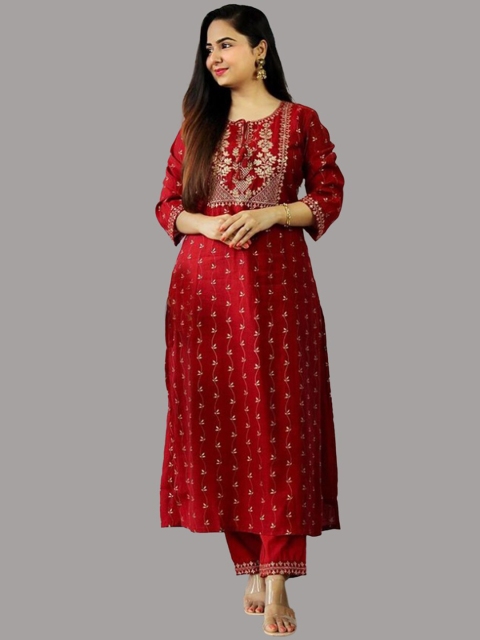 

KALINI Women Maroon Ethnic Motifs Layered Kurti with Trousers & With Dupatta