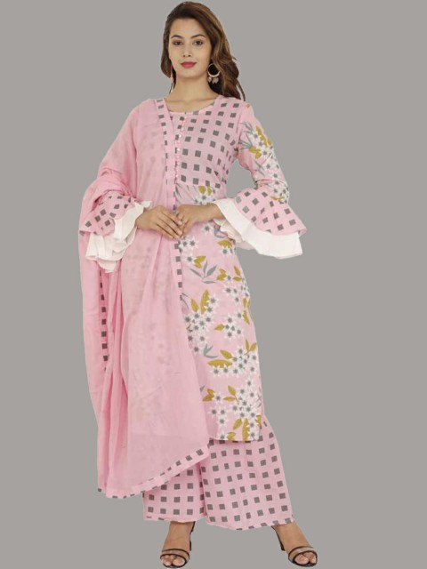 

KALINI Women Pink Floral Embroidered Pleated Pure Cotton Kurti with Sharara & With Dupatta