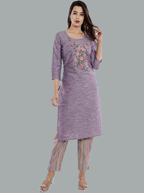 

KALINI Women Purple Floral Embroidered Layered Pure Cotton Kurti with Trousers