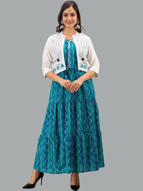 

KALINI Women Turquoise Blue & White Chevron Printed Anarkali Kurta