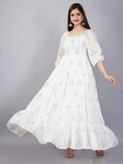

KALINI White & Black Bandhani Printed Smocked Cotton Maxi Dress