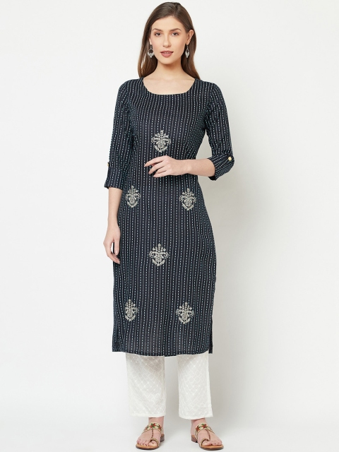 

KALINI Women Navy Blue & Gold-Toned Striped Thread Work Kurta