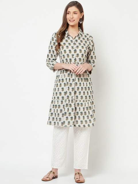 

KALINI Women Off White & Green Ethnic Motifs Printed Cotton Kurta