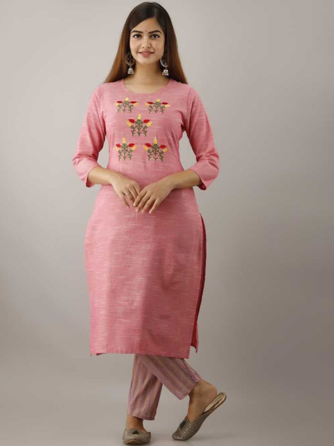 

KALINI Women Pink Embroidered Pleated Pure Cotton Kurti with Trousers