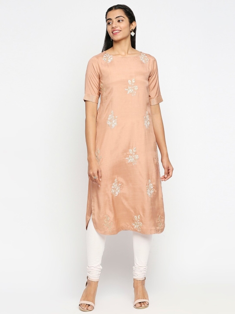 

Ethnicity Peach-Coloured Floral Woven Design Pure Silk Kurti