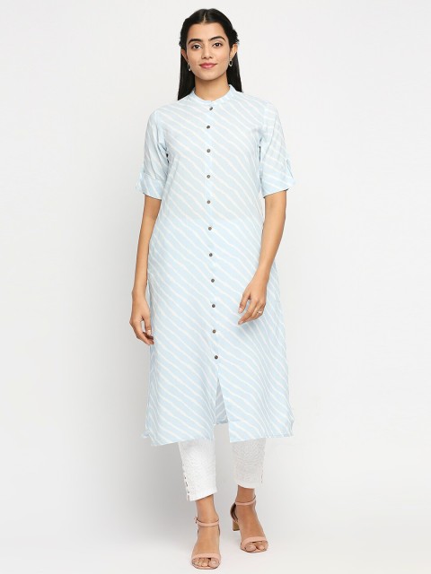 

Ethnicity Women Blue & White Leheriya Printed Panelled Kurti