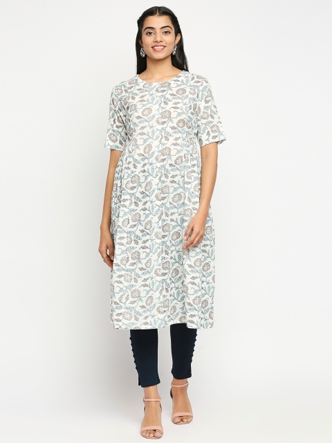 

Ethnicity White & Blue Floral Printed Pure Cotton Pleated Kurti