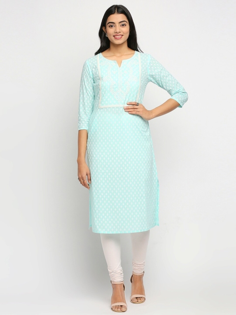 

Ethnicity Sea Green & White Ethnic Motifs Printed Pure Cotton Straight Kurta