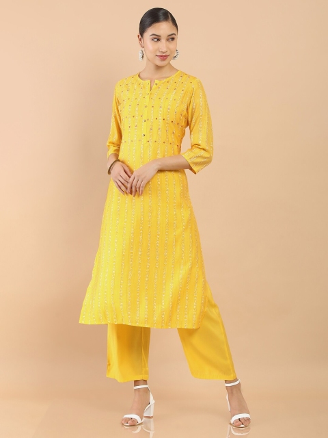 

Soch Women Yellow Chanderi Bandhani Screen Printed Kurta with Trousers