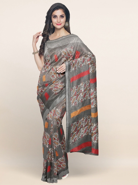 

Pothys Grey & Red Paisley Zari Linen Blend Saree