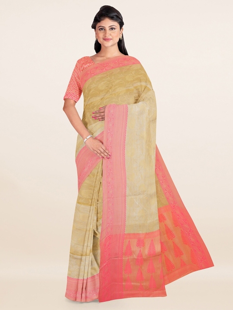 

Pothys Gold-Toned & Peach-Coloured Floral Printed Zari Saree