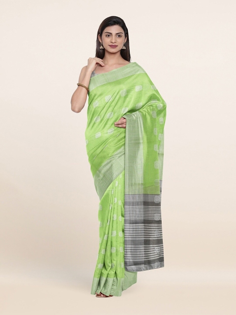 

Pothys Fluorescent Green & Silver-Toned Woven Design Zari Saree