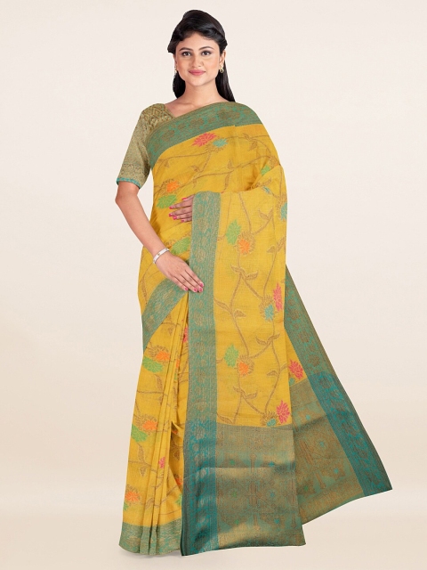 

Pothys Mustard Yellow & Blue Floral Woven Zari Saree