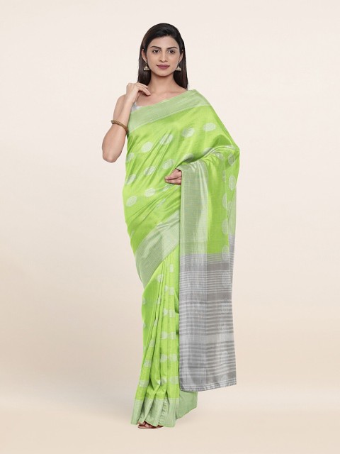 

Pothys Fluorescent Green & Silver-Toned Woven Design Zari Saree