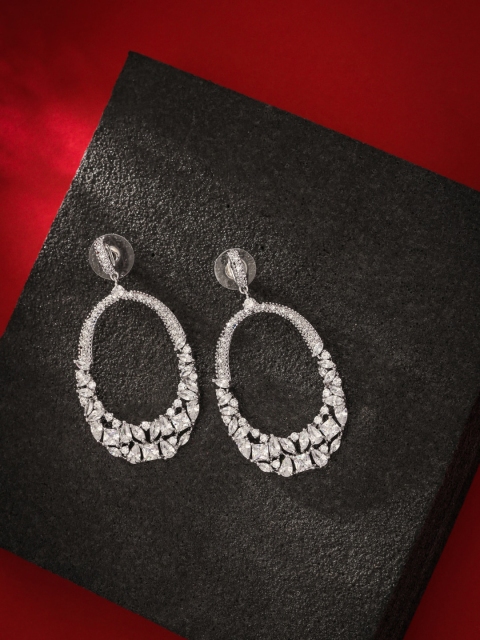 

shaze Silver-Toned & Rhodium-Plated CZ-Studded Classic Drop Earrings