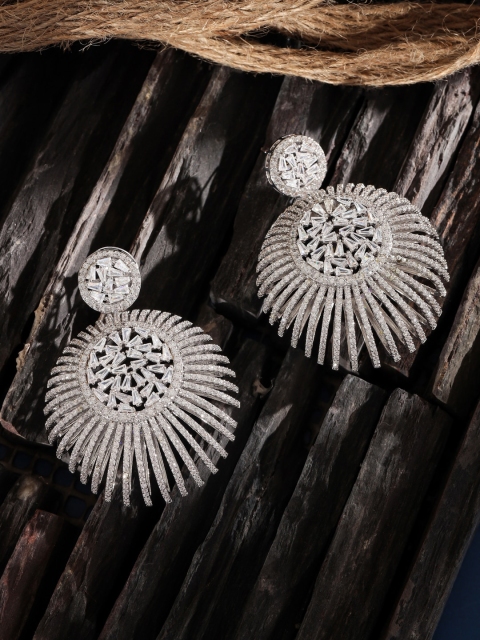 

shaze Silver-Toned Rhodium-Plated Cubic Zirconia Studded Circular Drop Earrings