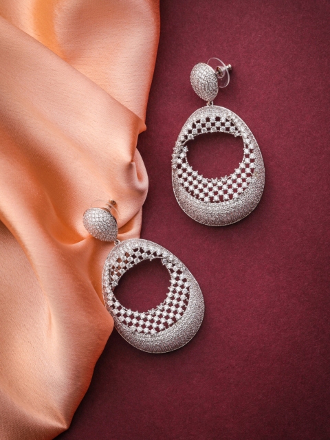

shaze Silver-Toned & Rhodium-Plated CZ-Studded Classic Drop Earrings