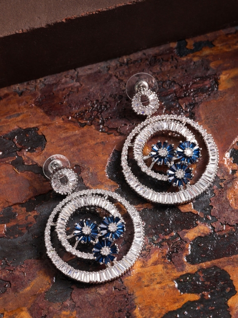 

shaze Rhodium-Plated Silver-Toned & Blue Floral Drop Earrings