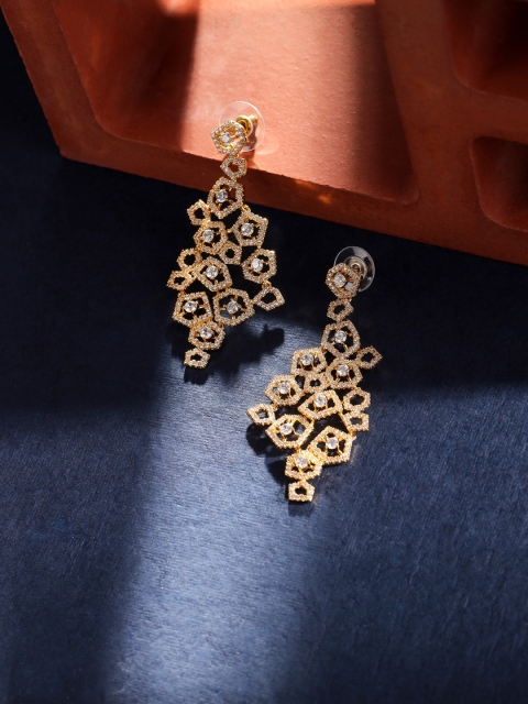 

shaze Gold-Plated Cubic Zirconia Cluster Stones Classic Drop Earrings