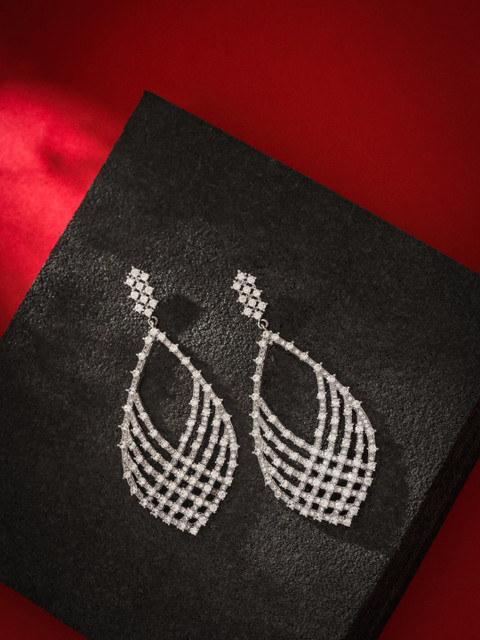 

shaze Silver-Toned & Rhodium-Plated CZ-Studded Classic Drop Earrings