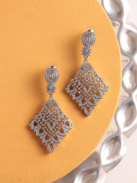 

shaze Silver-Toned Rhodium-Plated Cubic Zirconia Drop Earrings