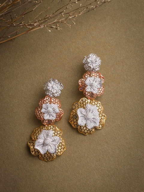 

shaze Gold-Plated CZ Studded Floral Drop Earrings
