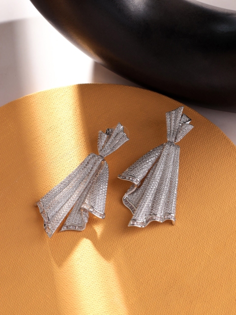 

shaze Silver-Toned Rhodium-Plated Cubic Zirconia Dancing Fold Drop Earrings