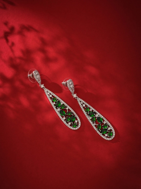 

shaze Rhodium-Plated Cubic Zirconia Stone Studded Drop Earrings, Silver