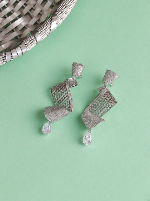 

shaze Silver-Toned & Rhodium-Plated CZ-Studded Twirly Classic Drop Earrings
