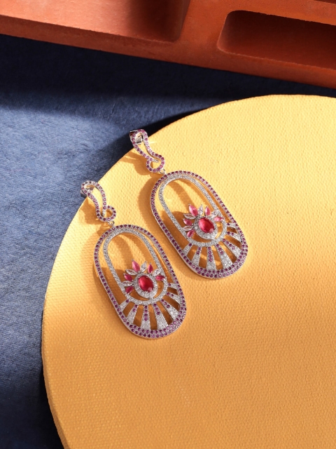 

shaze Silver-Toned & Pink Rhodium Plated Classic Drop Earrings