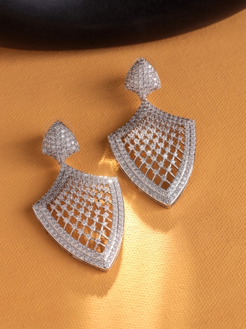 

shaze Silver-Toned CZ Studded Classic Drop Earrings