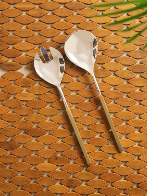 

ExclusiveLane Set of 2 Silver-Toned Solid Stainless Steel & Brass Spatula Set