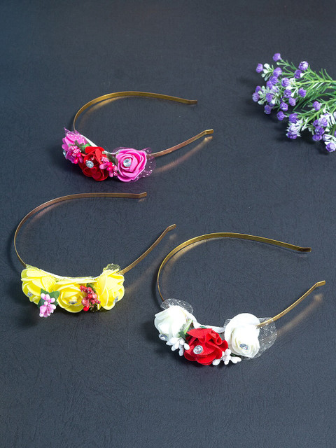 

Golden Peacock Women Yellow & White Set of 3 Embellished Hairband