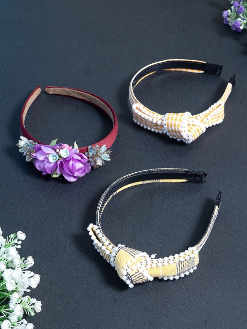 

Golden Peacock Women Purple & Yellow Set of 3 Embellished Hairband