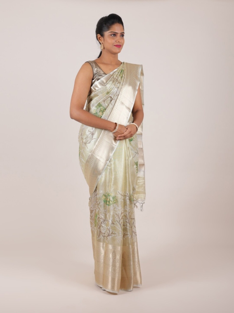 

Pothys Silver-Toned Floral Embroidered Organza Saree