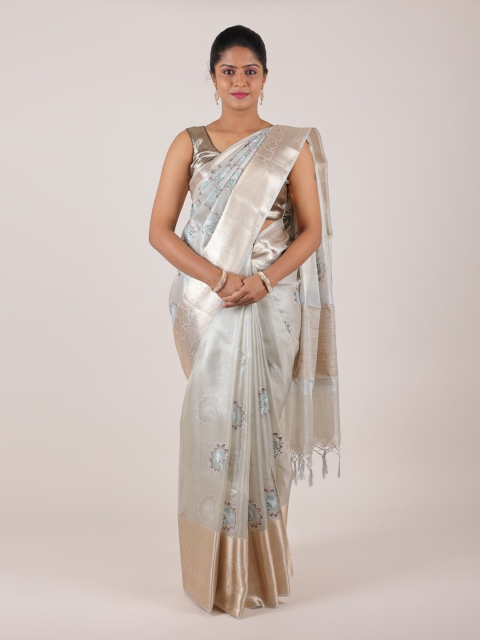 

Pothys Silver-Toned & Gold-Toned Floral Zari Art Silk Saree