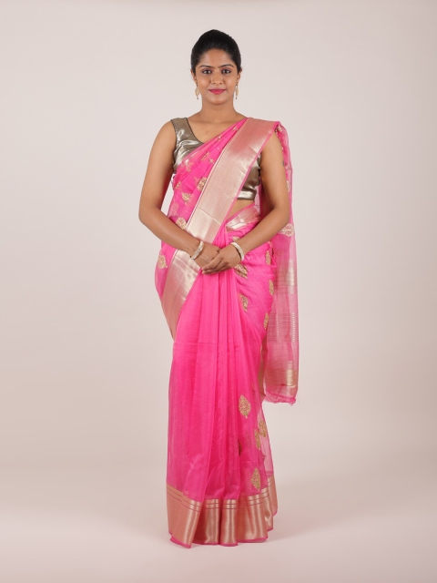 

Pothys Pink & Gold-Toned Floral Zari Organza Saree