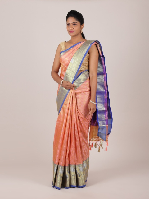 

Pothys Peach-Coloured & Blue Floral Zari Saree