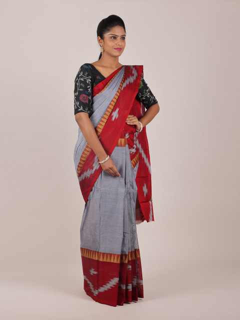 

Pothys Grey & Red Geometric Printed Cotton Blend Saree