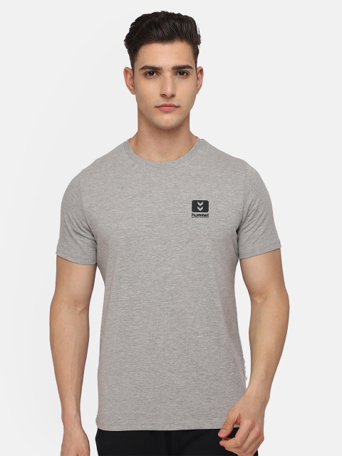 

hummel Men Grey Melange Cotton Regular Fit Sports T-shirt